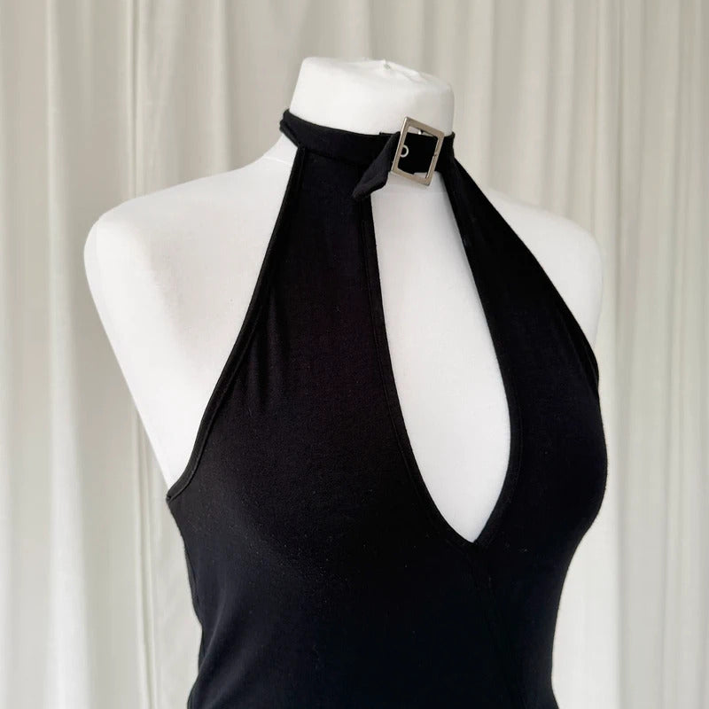 Black Halterneck Asymmetrical Mini Dress