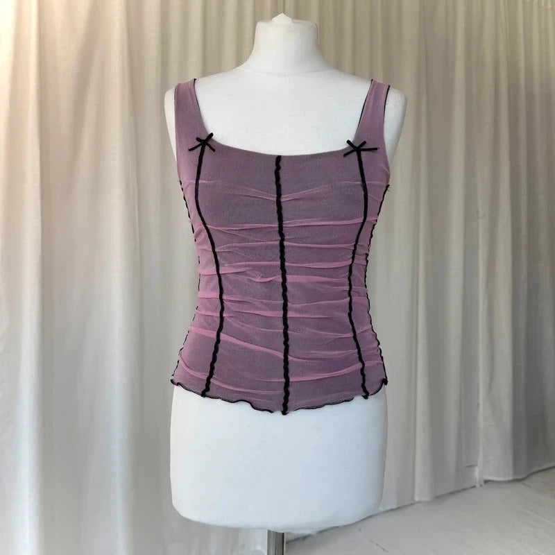 2000s Pink Ruched Mesh Corset Top