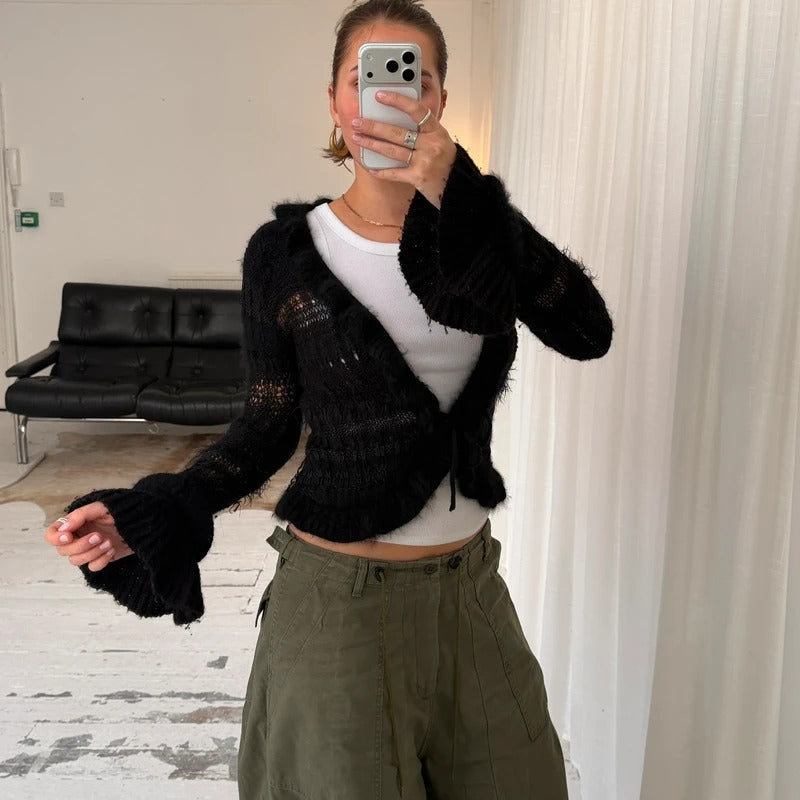Black Angora Wool Crochet Knit Tie Cardigan