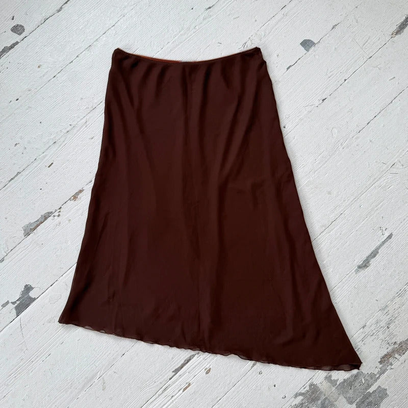 Brown Asymmetrical Mesh Midi Skirt