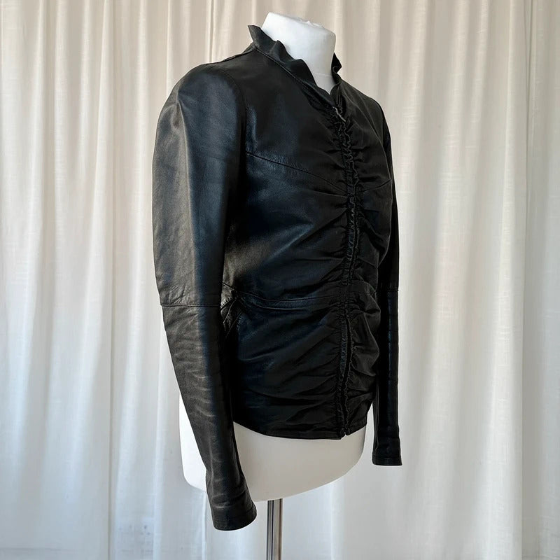 Italian Vintage Black Ruched Leather Jacket
