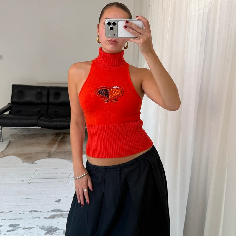 Orange Sleeveless Roll Neck Knit Top