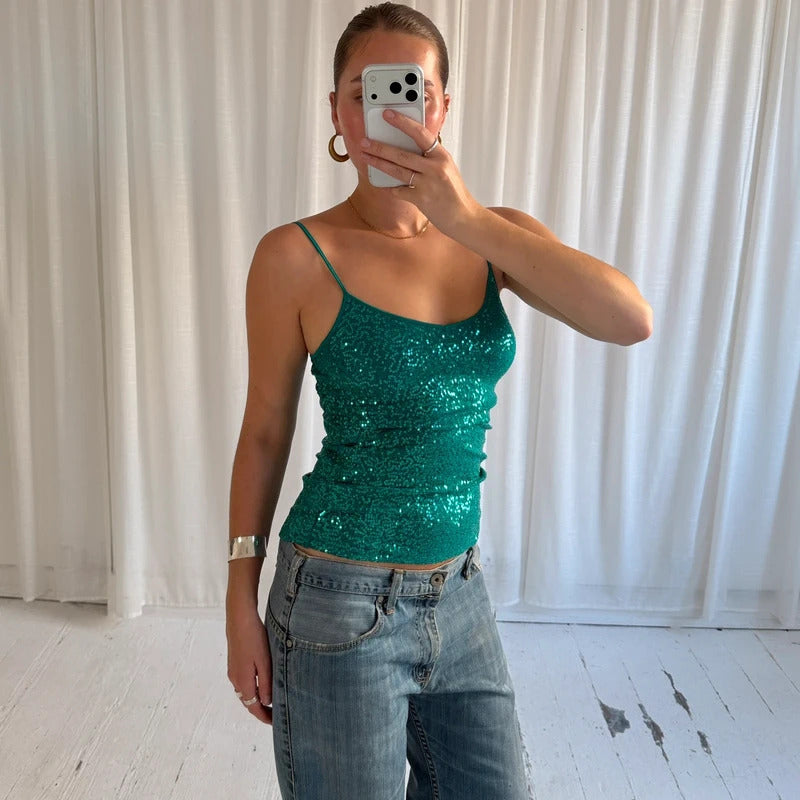 2000s Turquoise Sequin Cami Vest Top