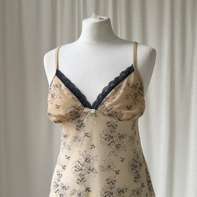 2000s Floral Mesh Babydoll Cami Dress