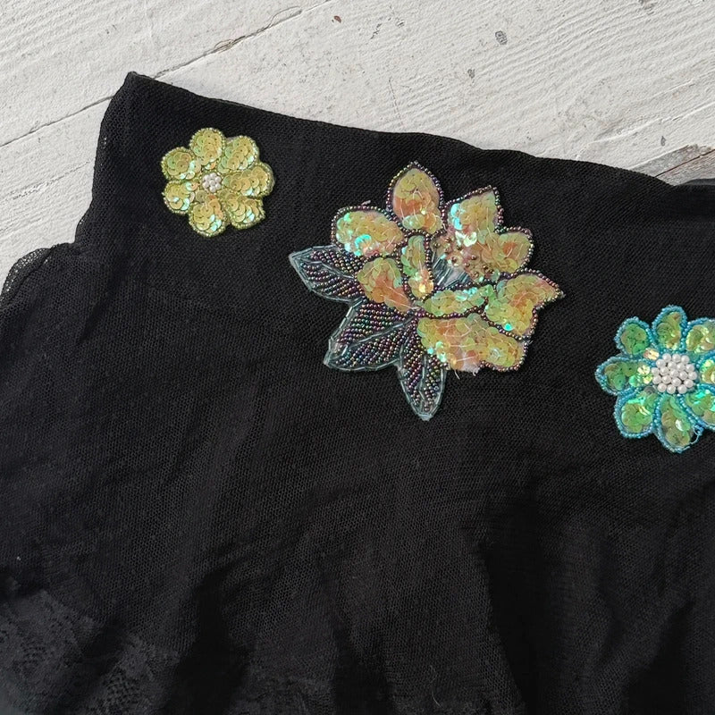 2000s Black Embroidered Lace Sequin Mini Skirt