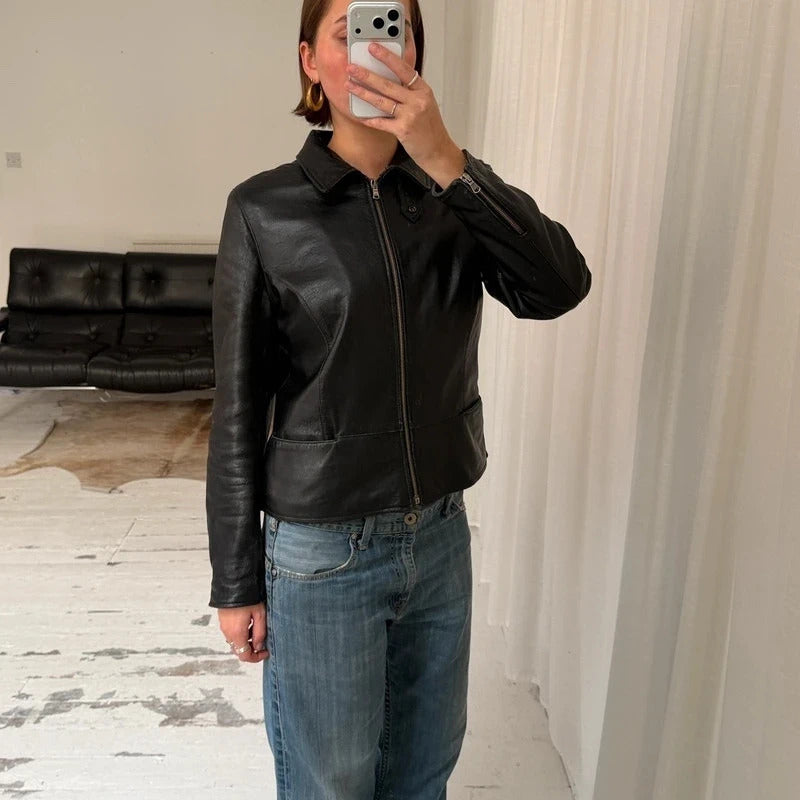 Italian Vintage Black Leather Biker Jacket