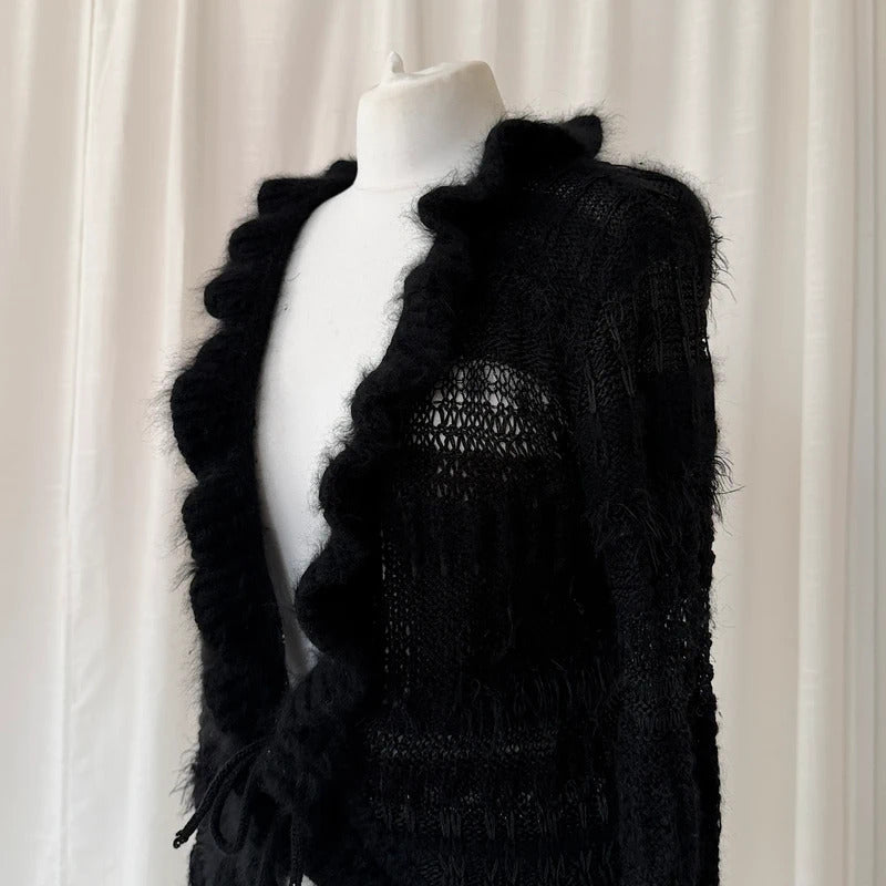Black Angora Wool Crochet Knit Tie Cardigan