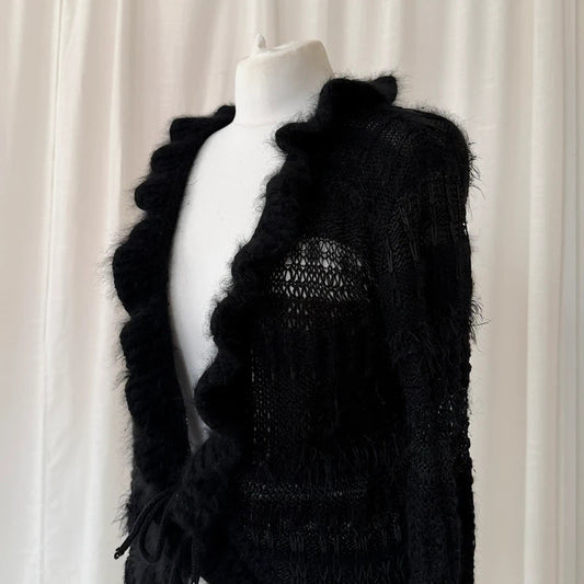 Black Angora Wool Crochet Knit Tie Cardigan