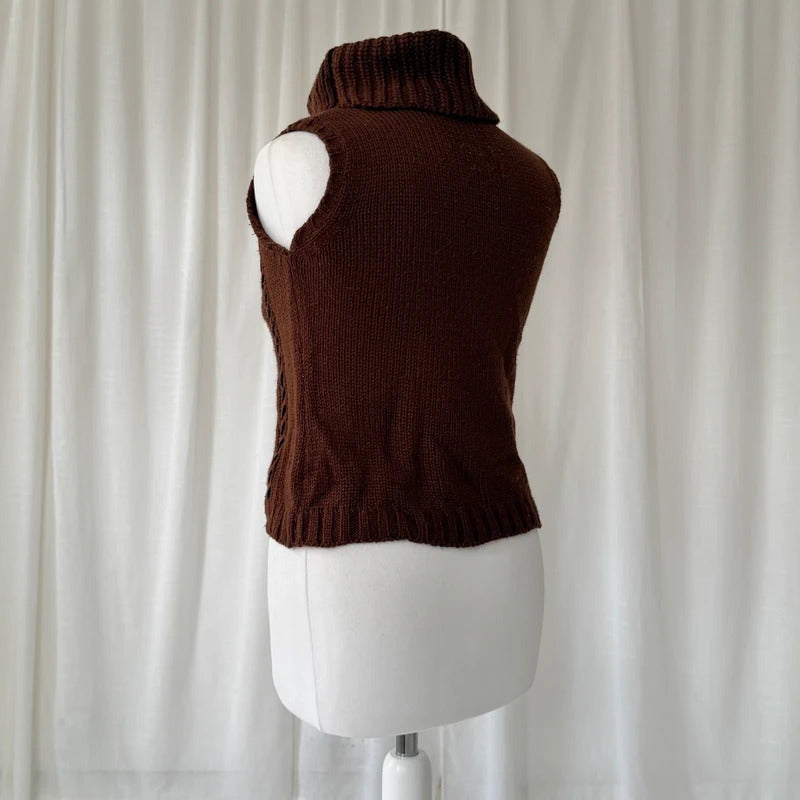 Brown Wool Cable Knit Roll Neck Vest