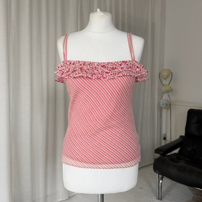2000s Pink Stripe Layered Mesh Cami Top