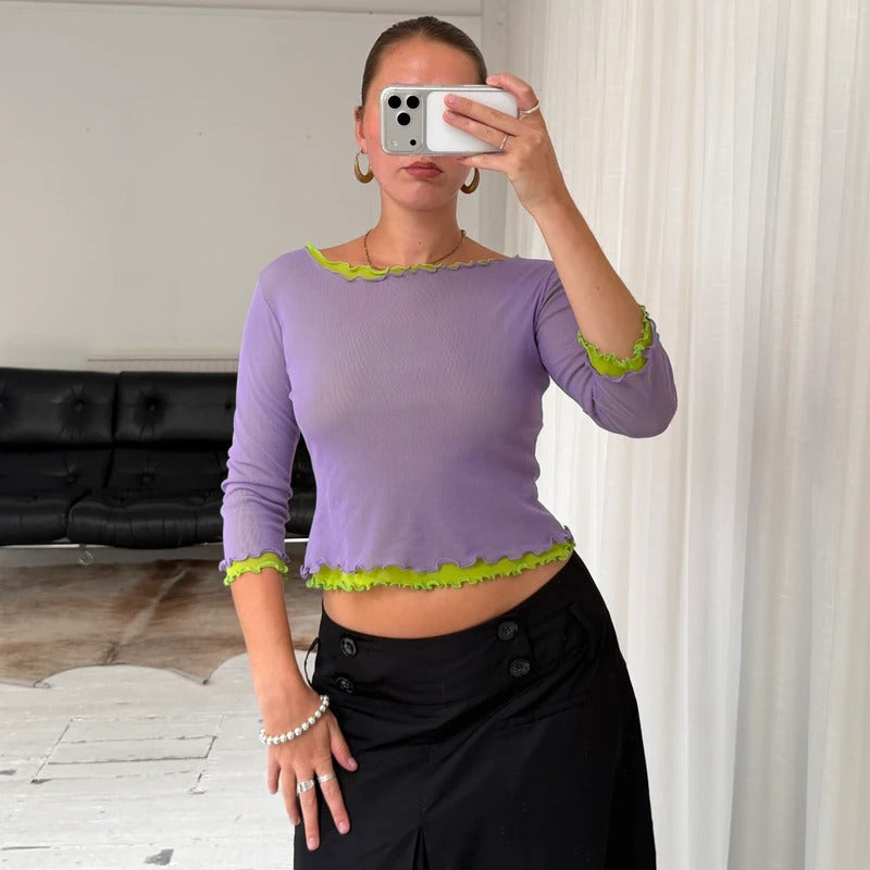 2000s Layered Micro Mesh Lettuce Hem Top