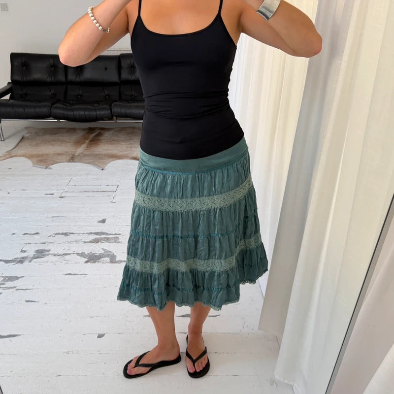 Blue Silk Lace Tiered Midi Skirt