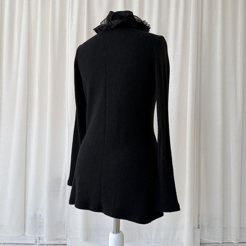 Black Wool Angora Lace Trim Tie Cardigan