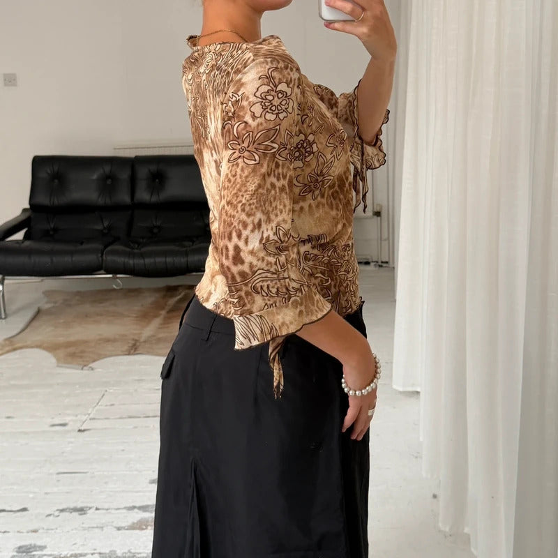 2000s Leopard Print Bell Sleeve Mesh Top