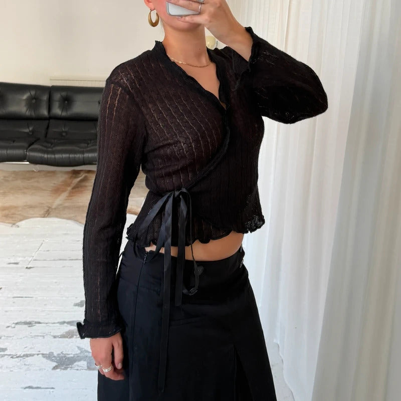 Italian Vintage Pointelle Knit Wrap Top