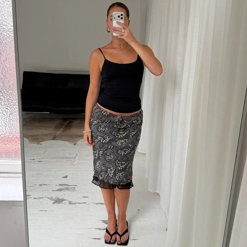 Grey Floral Mesh Midi Skirt