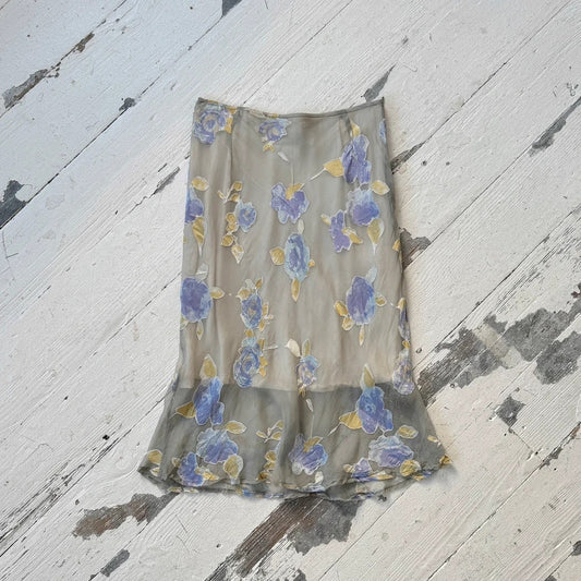 Italian Vintage Silk Devoré Floral Midi Skirt