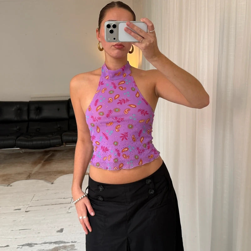 Italian Vintage Lilac Paisley Mesh Halterneck Top
