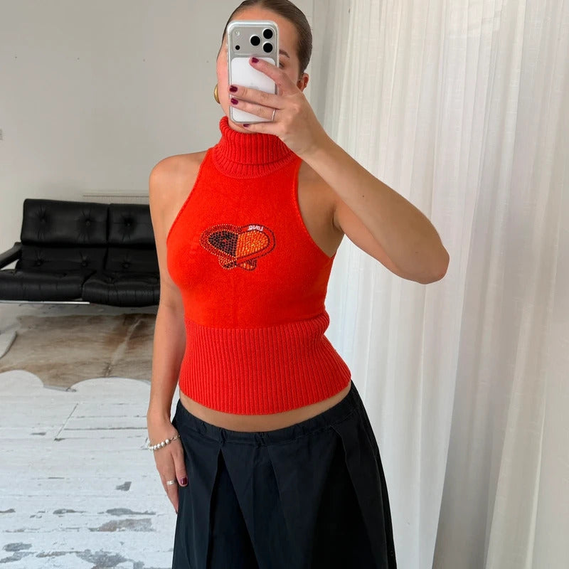 Orange Sleeveless Roll Neck Knit Top