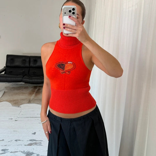 Orange Sleeveless Roll Neck Knit Top