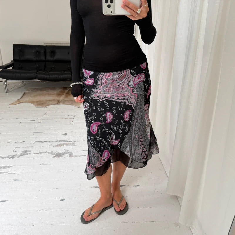 Paisley Patchwork Asymmetric Midi Skirt