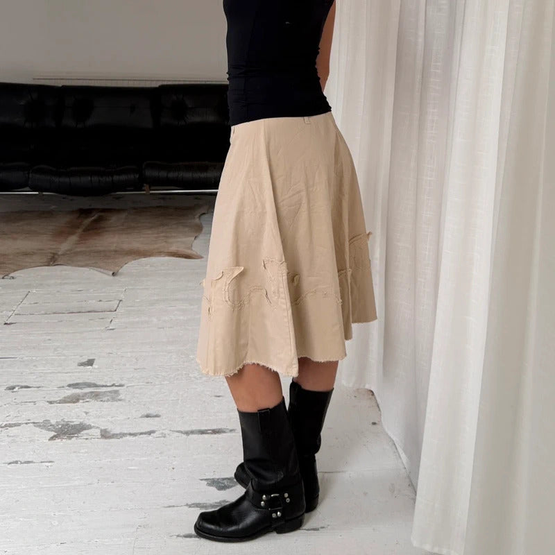 Beige Raw Edge Midi Skirt