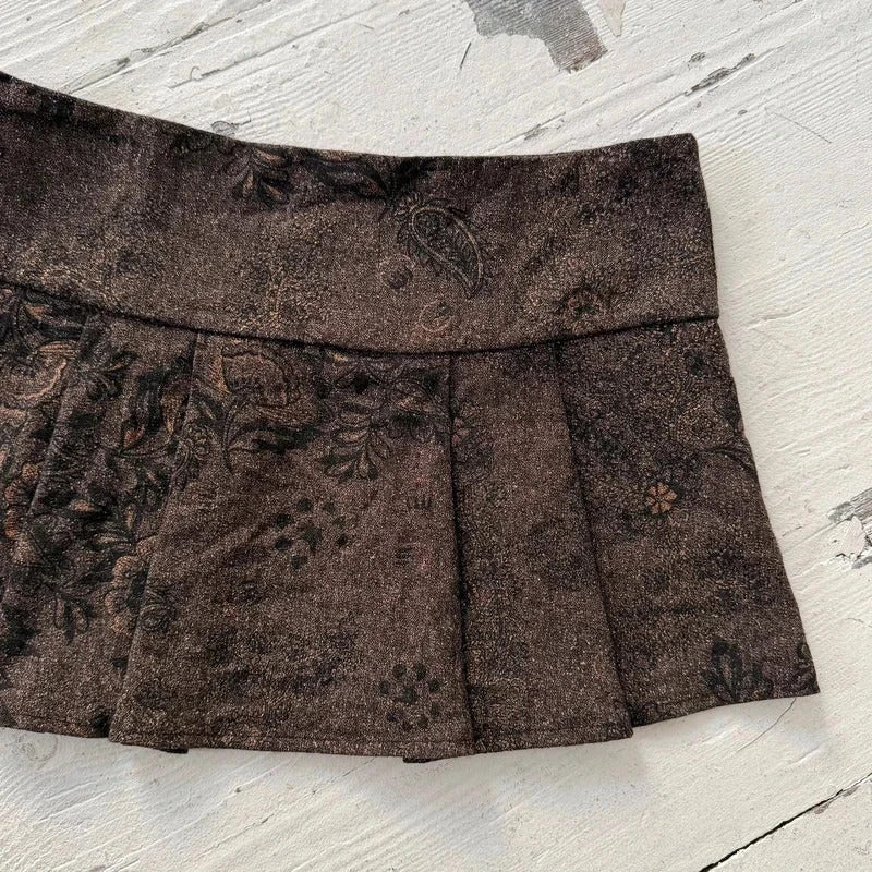 Brown Floral Jacquard Pleated Mini Skirt