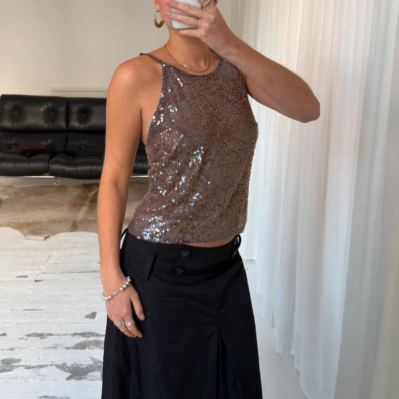 Sequin Cross Back Halter Top