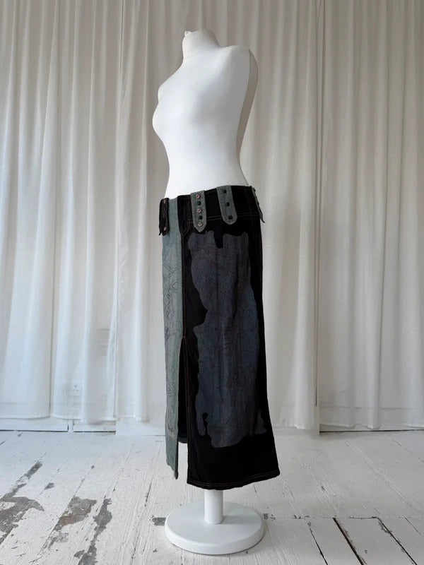 00s Graphic Patchwork Denim Maxi Skirt