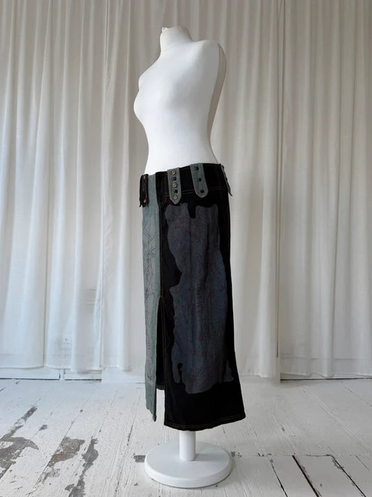 2000s Graphic Patchwork Denim Maxi Skirt
