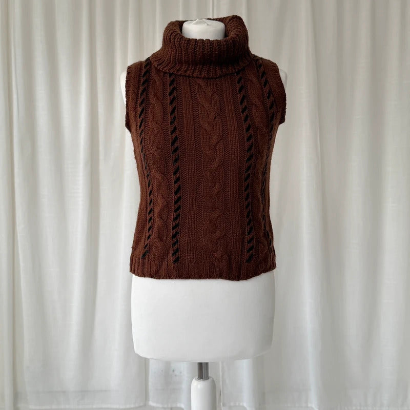 Brown Wool Cable Knit Roll Neck Vest