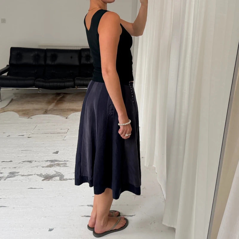 Navy Pure Silk Pleated Midi Skirt