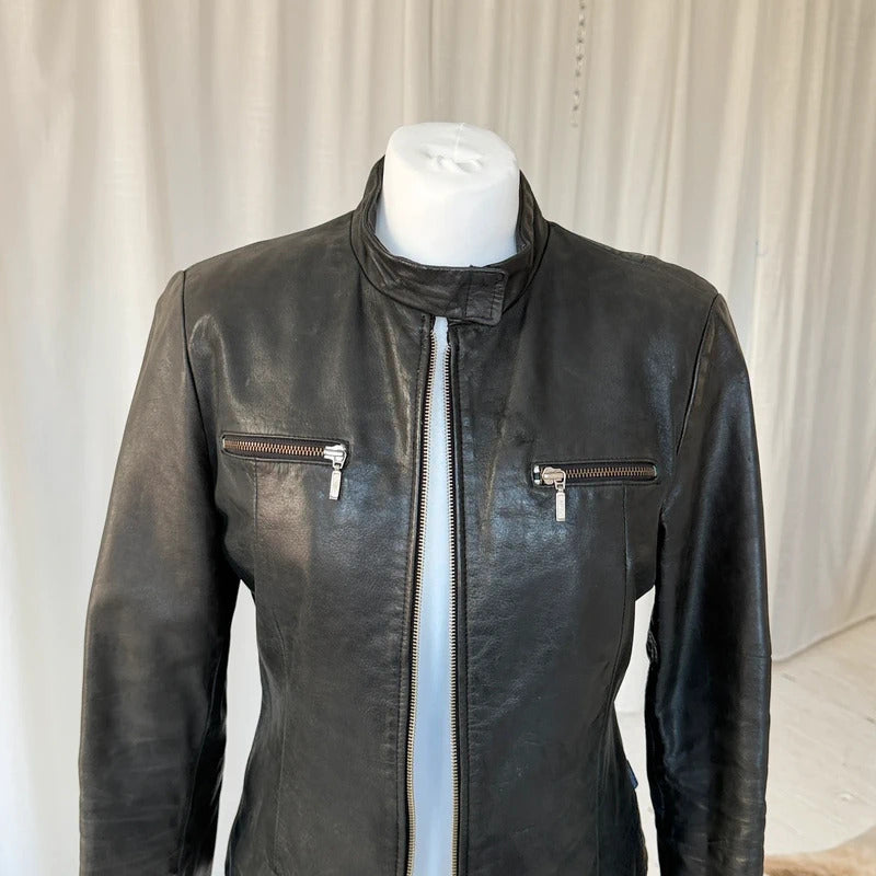 Italian Vintage Black Leather Biker Jacket