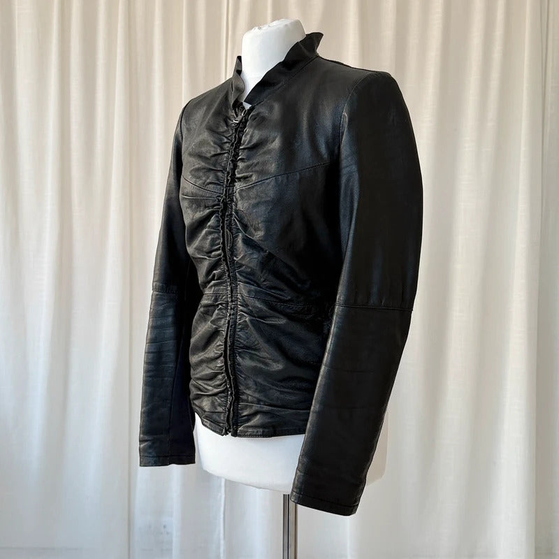 Italian Vintage Black Ruched Leather Jacket