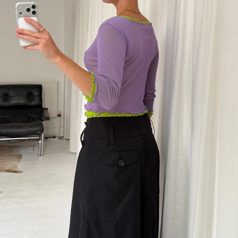 2000s Layered Micro Mesh Lettuce Hem Top