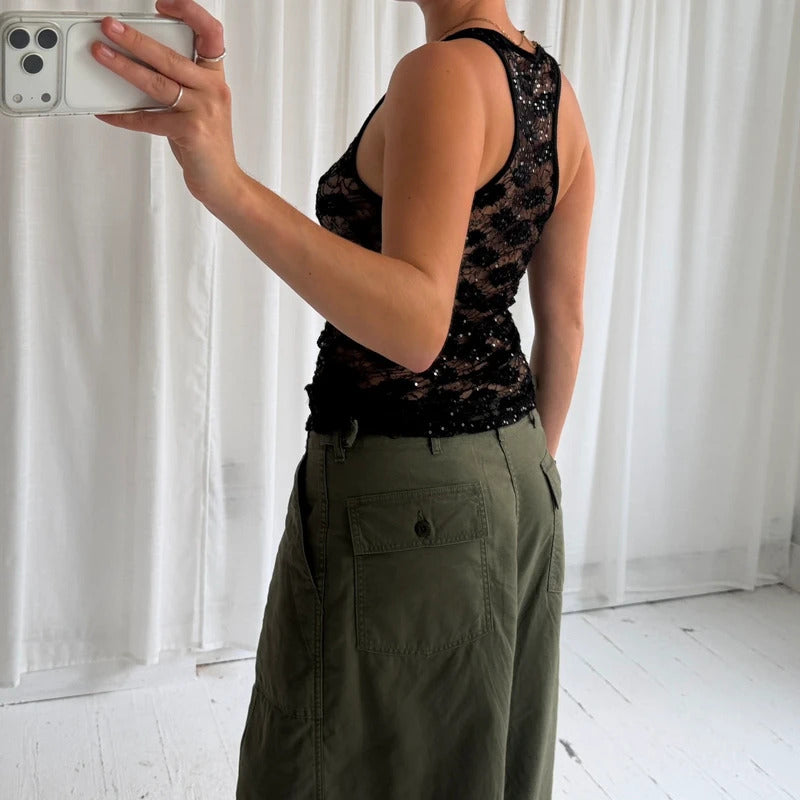 00s Sheer Sequin Lace Vest Top