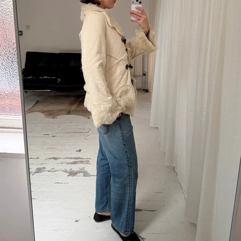 2000s Cream Faux Suede & Faux Fur Coat