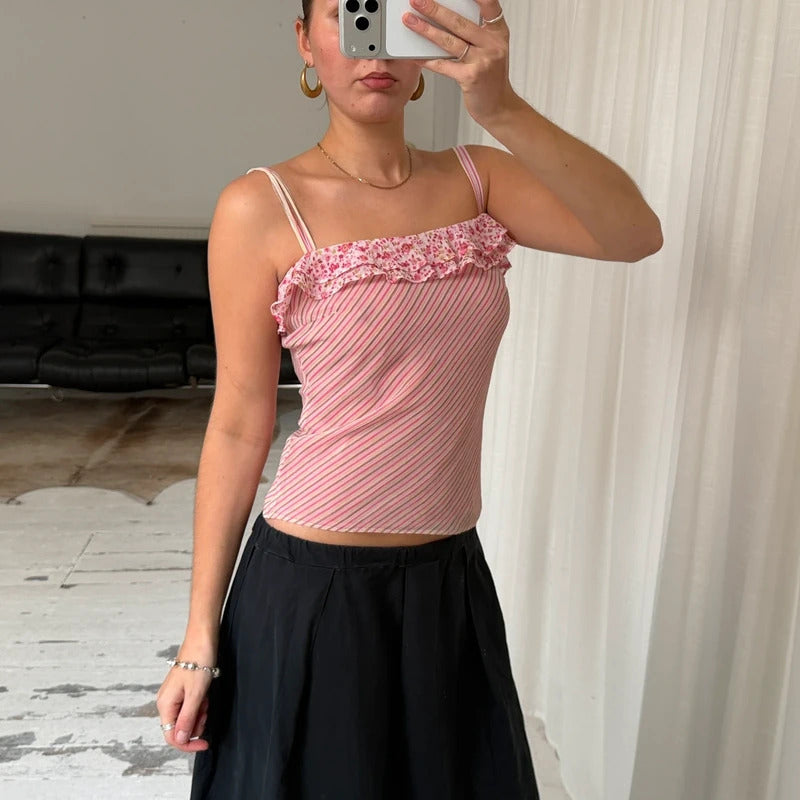 2000s Pink Stripe Layered Mesh Cami Top