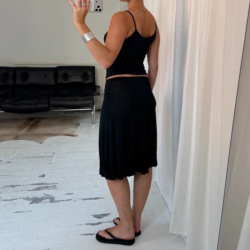 Italian Vintage Black Ruffle Midi Skirt