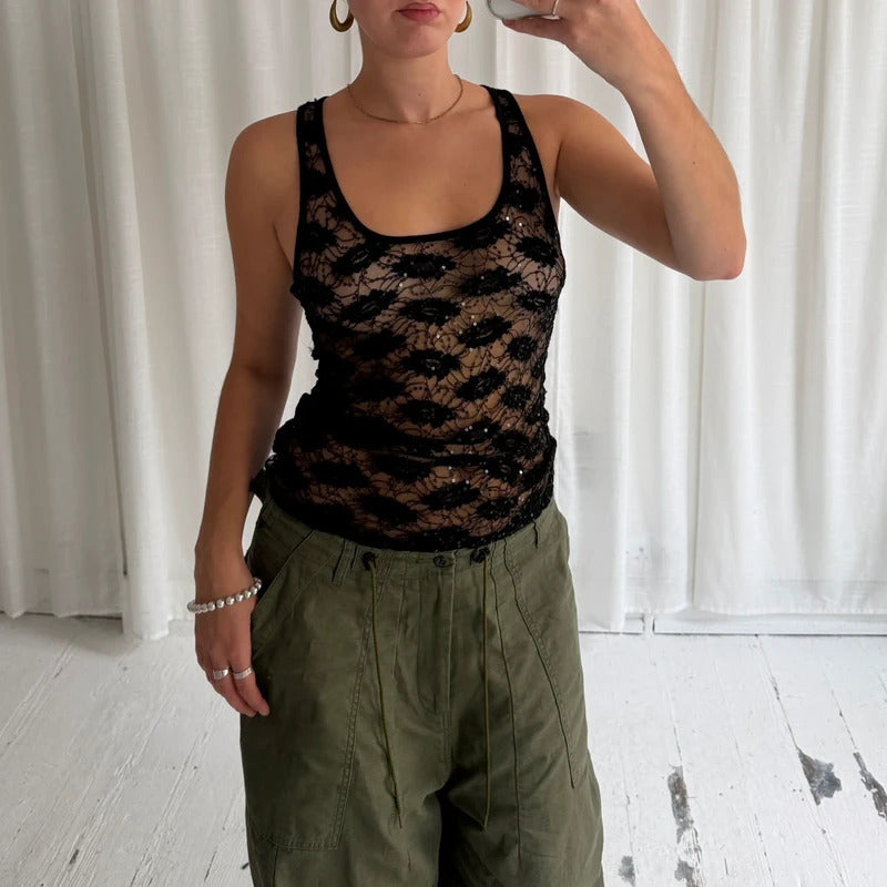 00s Sheer Sequin Lace Vest Top