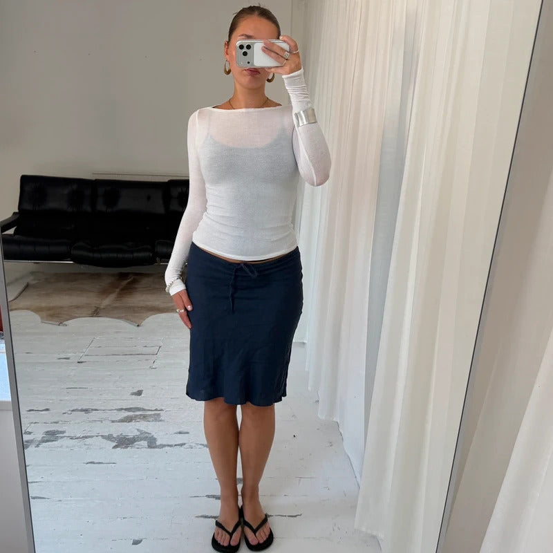 Navy Linen Midi Skirt