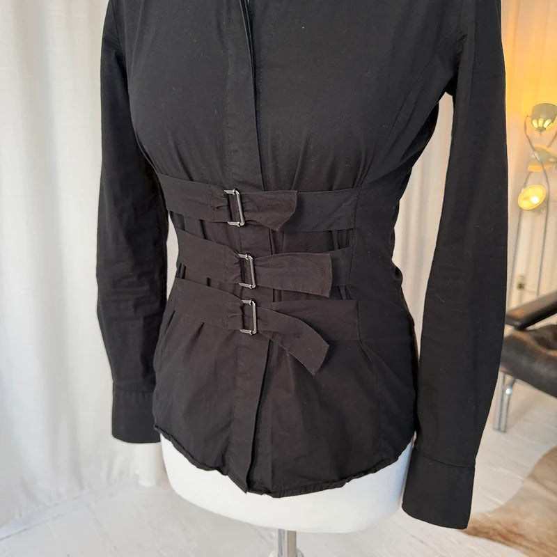 1990s Black Tailored Shirt with Buckle Detail