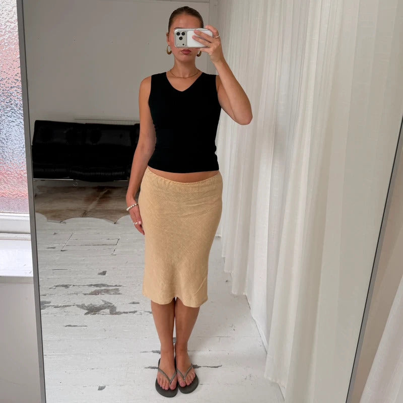 1990s Minimal Natural Linen Midi Skirt