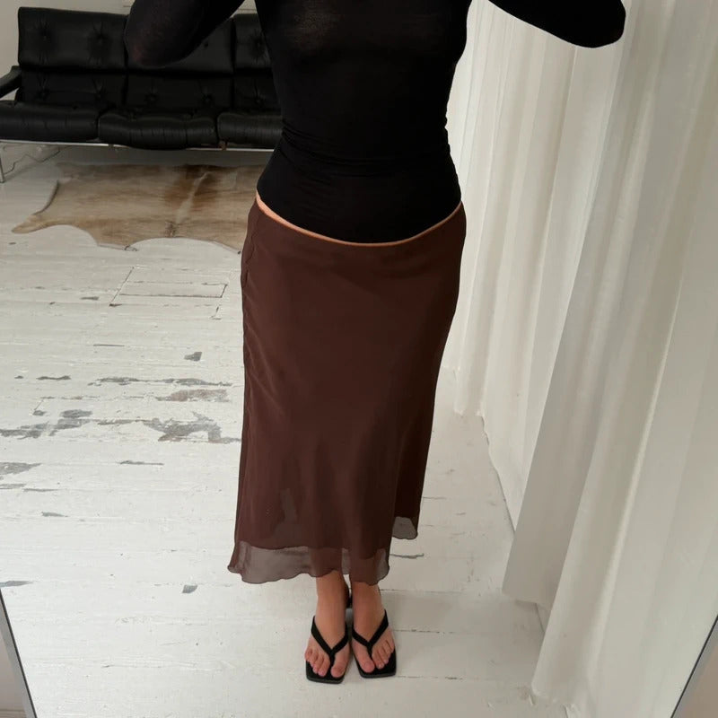 Brown Asymmetrical Mesh Midi Skirt
