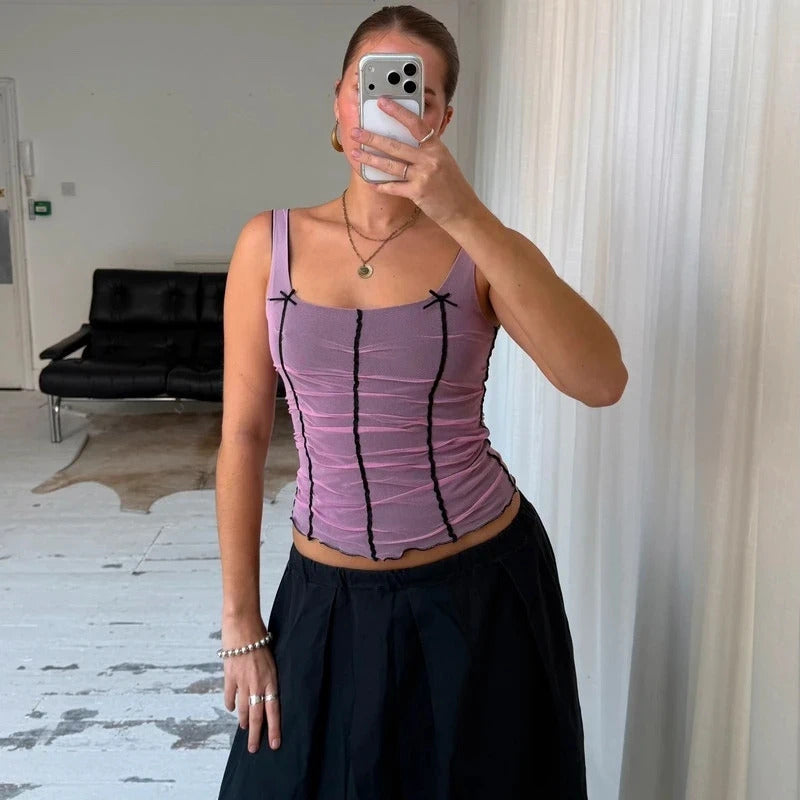 2000s Pink Ruched Mesh Corset Top