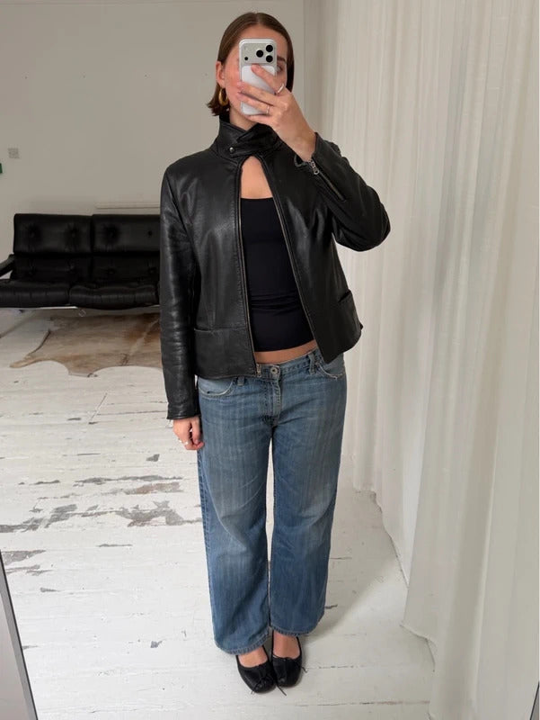 Italian Vintage Black Leather Biker Jacket