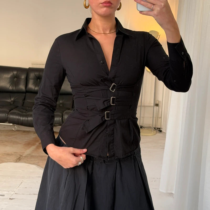 1990s Black Tailored Shirt with Buckle Detail