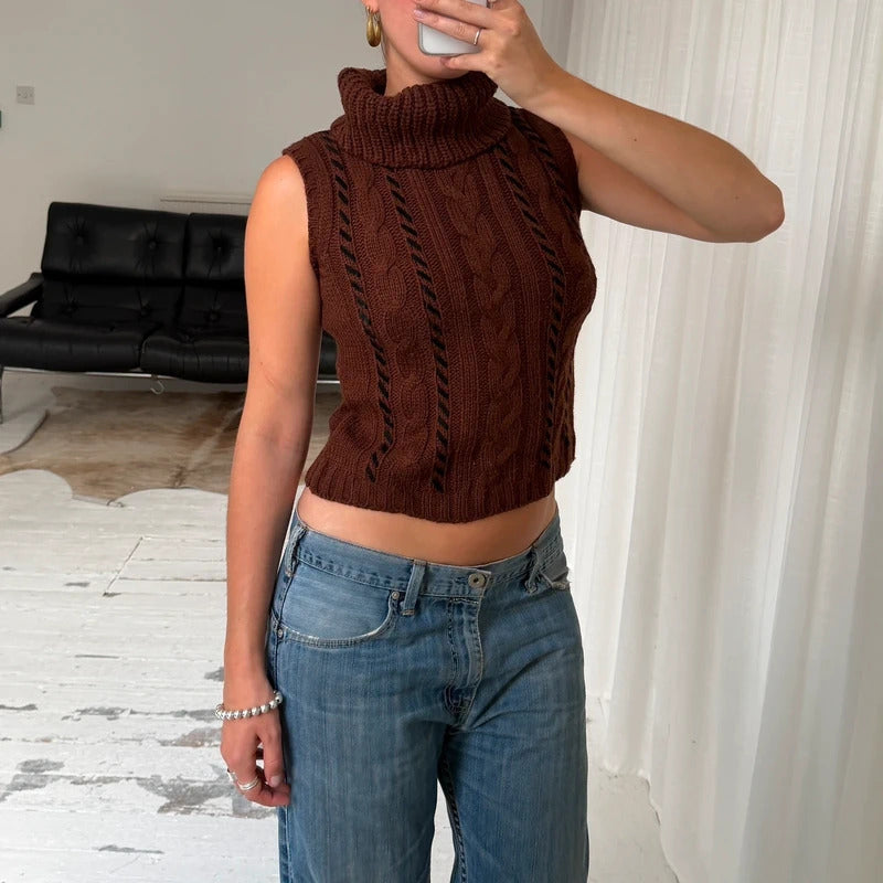 Brown Wool Cable Knit Roll Neck Vest