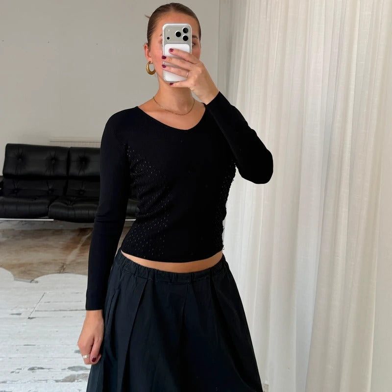 Italian Vintage Black Beaded Knit Top