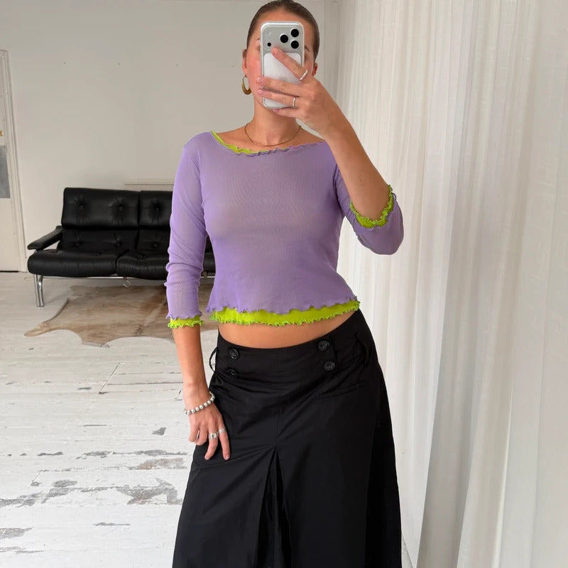 2000s Layered Micro Mesh Lettuce Hem Top